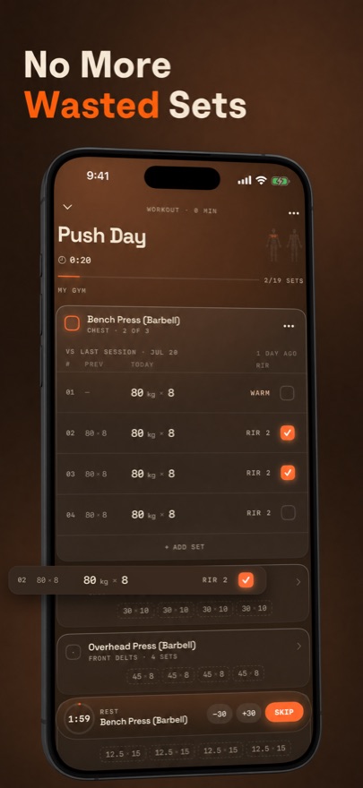 Active workout logging screen with hard-set tracking